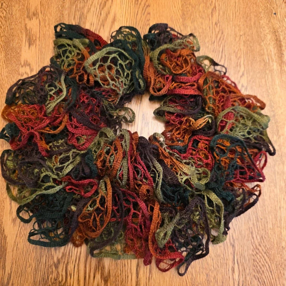 Lattice Knit Scarf Earth Tone Variegated Ruffle Boho Green Rust 5x66